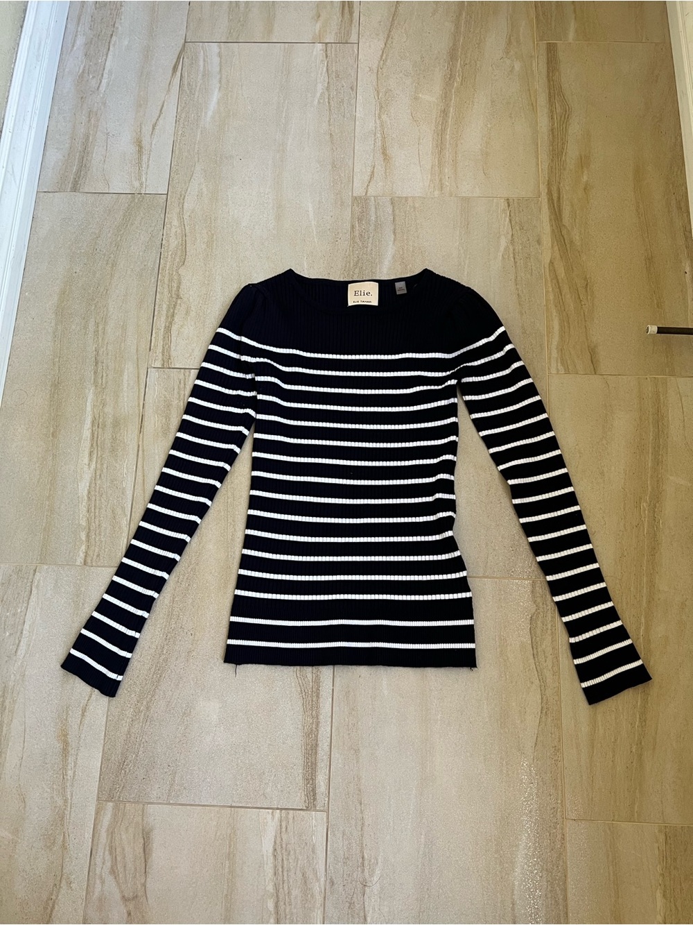 Elie Tahari Navy & White Ribbed Stripe Knit Top